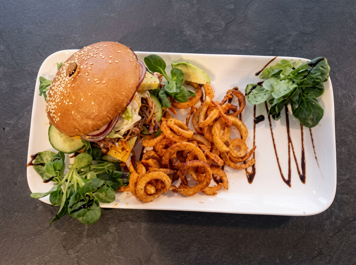Pulled-Beef-Burger mit Curly Fries und Balsamico